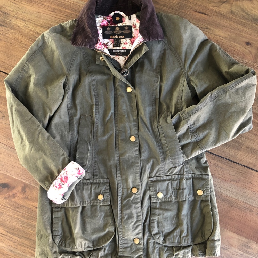 Barbour Field Jacket Olive Green Floral Lining Size US 4